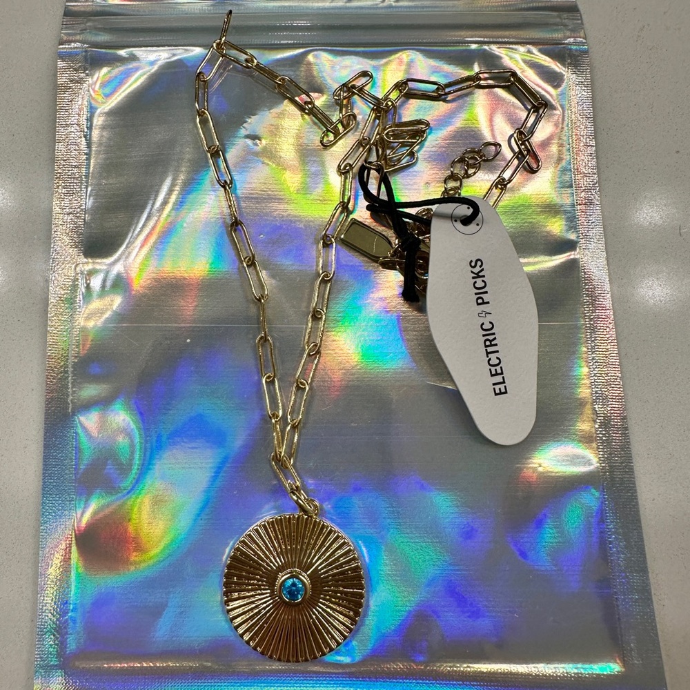 Electric Picks Gold Plated Disk Blue Stone Paperclip Chain Necklace New!